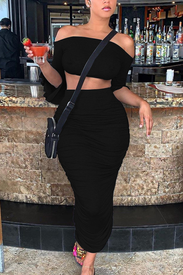 Black Fashion Sexy adult Patchwork Solid backless Draped Two Piece Suits pencil Half Sleeve Two Pieces