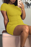 Yellow Fashion Solid Draw String O Neck Short Sleeve Dress