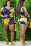 Green Casual V Neck Tie Dye Zippered Plus Size 