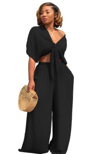 Black Plain High Waist Elastic Waist bandage Two-piece suit