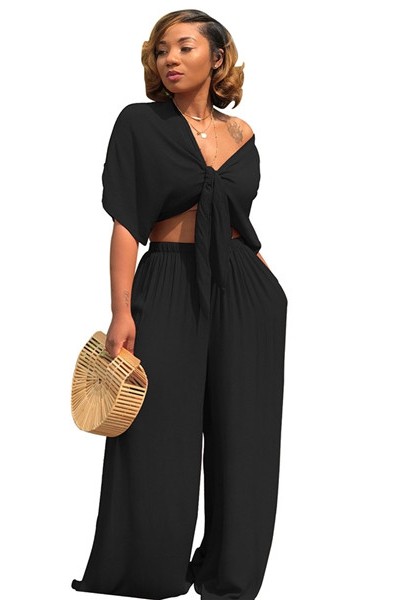 Black Plain High Waist Elastic Waist bandage Two-piece suit