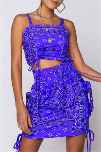 Blue Fashion Sexy Print Backless Spaghetti Strap Sleeveless Two Pieces