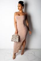 Apricot Sexy Fashion Spaghetti Strap Sleeveless Slip Slim Dress Ankle-Length asymmetrical Draped S