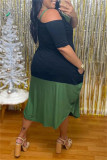 Green Fashion Casual Plus Size Patchwork Asymmetrical Oblique Collar Short Sleeve Dress