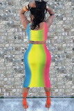 Yellow Sexy Fashion Tank Sleeveless O neck Step Skirt Mid-Calf hollow out Print Fluorescent hole backless