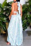 Yellow Sexy Print Bandage Hollowed Out Backless Zipper Halter Beach Dresses