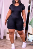 Blue Fashion Casual Solid Basic V Neck Regular Romper