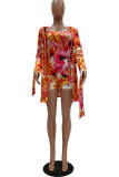 Orange Fashion Casual adult Patchwork Print Two Piece Suits pencil Long Sleeve Two Pieces