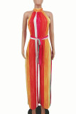Red Elegant Striped Bandage Patchwork Half A Turtleneck Loose Jumpsuits