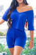 Blue Fashion Casual Solid Basic V Neck Half Sleeve Two Pieces