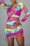 Colour Sexy Print Patchwork V Neck Pencil Skirt Dresses
