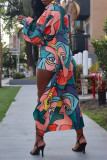 Colour Fashion Casual Print Cardigan Turndown Collar Long Sleeve Two Pieces