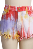 Multicolor Sexy Patchwork Tassel Tie-dye Mid Waist Regular Denim Shorts