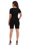 Blue Sexy Fashion bandage Patchwork Solid Hollow Short Sleeve O Neck 