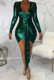 Blue Sexy Fashion Cap Sleeve Long Sleeves V Neck Asymmetrical Mini Solid Patchwork asymmetrical