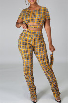 Yellow Fashion Casual Plaid Print Hollowed Out O Neck Short Sleeve Two Pieces