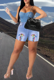 Baby Blue Casual Patchwork Draw String Mid Waist Skinny Denim Shorts