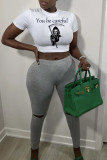 White Fashion Casual Print Basic O Neck T-Shirts