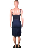 Dark Blue The cowboy Fashion adult Ma'am Street Spaghetti Strap Sleeveless Slip Step Skirt Knee-Length Patchwork Solid Dresses