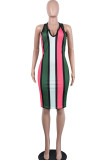 Red Fashion Sexy Red Blue Pink Yellow Wine Red Navy Blue Tank Sleeveless V Neck Hip skirt Knee-Length Striped Dresses