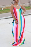 Blue Fashion Street White Blue Orange Yellow Light Blue Dark Blue Spaghetti Strap Sleeveless Slip Swagger Floor-Length Striped Print Dresses