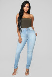 Blue Denim Button Fly Sleeveless Mid Patchwork Solid pencil Pants Pants