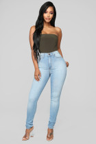 Blue Denim Button Fly Sleeveless Mid Patchwork Solid pencil Pants Pants
