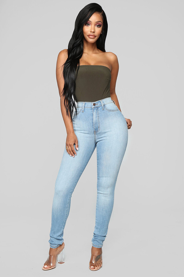 Blue Denim Button Fly Sleeveless Mid Patchwork Solid pencil Pants Pants