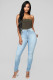 Blue Denim Button Fly Sleeveless Mid Patchwork Solid pencil Pants Pants