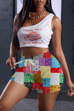 Pink Fashion Casual Print Basic One Shoulder Sleeveless Two Pieces