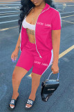 Grey Casual Sportswear Letter Embroidered Patchwork Zipper Collar Short Sleeve Two Pieces