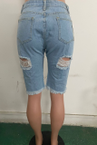 Blue Casual Solid Ripped Mid Waist Skinny Denim Shorts