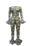 Yellow Sexy Print See-through Bateau Neck Skinny Jumpsuits