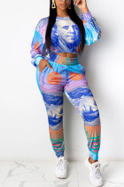 Blue Casual Print O Neck Long Sleeve Two Pieces