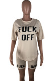 Khaki Fashion Sexy adult Ma'am Letter Patchwork Print Two Piece Suits pencil Short Sleeve Two Pieces
