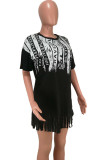 Black Sexy Casual Blends Letter Patchwork Print Tassel Patchwork Basic O Neck Short Sleeve Mini T-shirt Dress Dresses