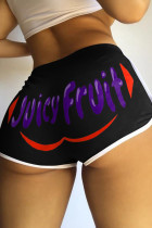 Black Purple Fashion Casual Letter Print Basic Regular Mid Waist Shorts