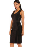 Black Sexy Cap Sleeve Short Sleeves V Neck Step Skirt Knee-Length Solid