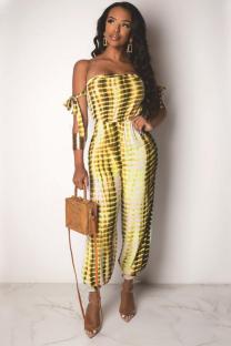 Yellow Sexy Colorblock Sleeveless one word collar Jumpsuits