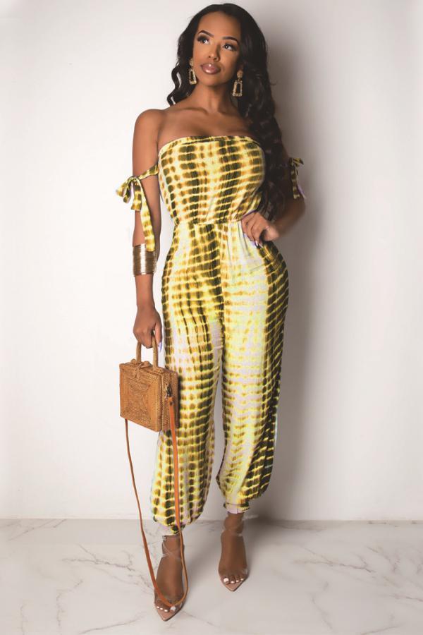 Yellow Sexy Colorblock Sleeveless one word collar Jumpsuits