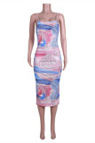 Light Blue Fashion Sexy Print Backless Spaghetti Strap Sleeveless Dress Dresses