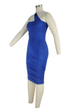 Blue Sexy Solid Patchwork One Shoulder Pencil Skirt Dresses