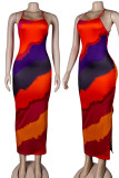 Orange Sexy Print Patchwork Frenulum Slit Spaghetti Strap Pencil Skirt Dresses