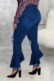 Dark Blue Sexy Solid Ripped Plus Size 