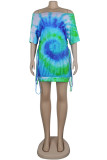 Green Fashion Sexy Patchwork Print bandage One word collar Hip skirt Dresses