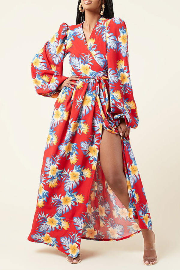 Red Sexy Print High Opening V Neck Irregular Dress Dresses