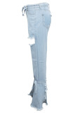 Light Blue Denim Button Fly Sleeveless High Patchwork washing Hole Solid bandage Boot Cut Pants 