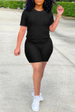 Black Casual Solid Patchwork O Neck Short Sleeve Two Pieces