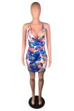 Multi-color Street Spaghetti Strap Sleeveless V Neck Step Skirt Mini Print Club Dresses