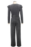 Silver Sexy Solid Patch With Belt V Neck Regular Jumpsuits